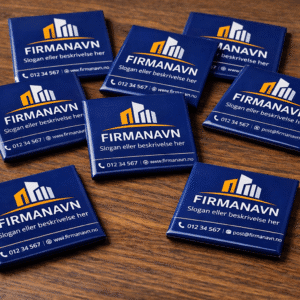 Fotomagnet for bedrift med firmalogo og kontaktinformasjon.
