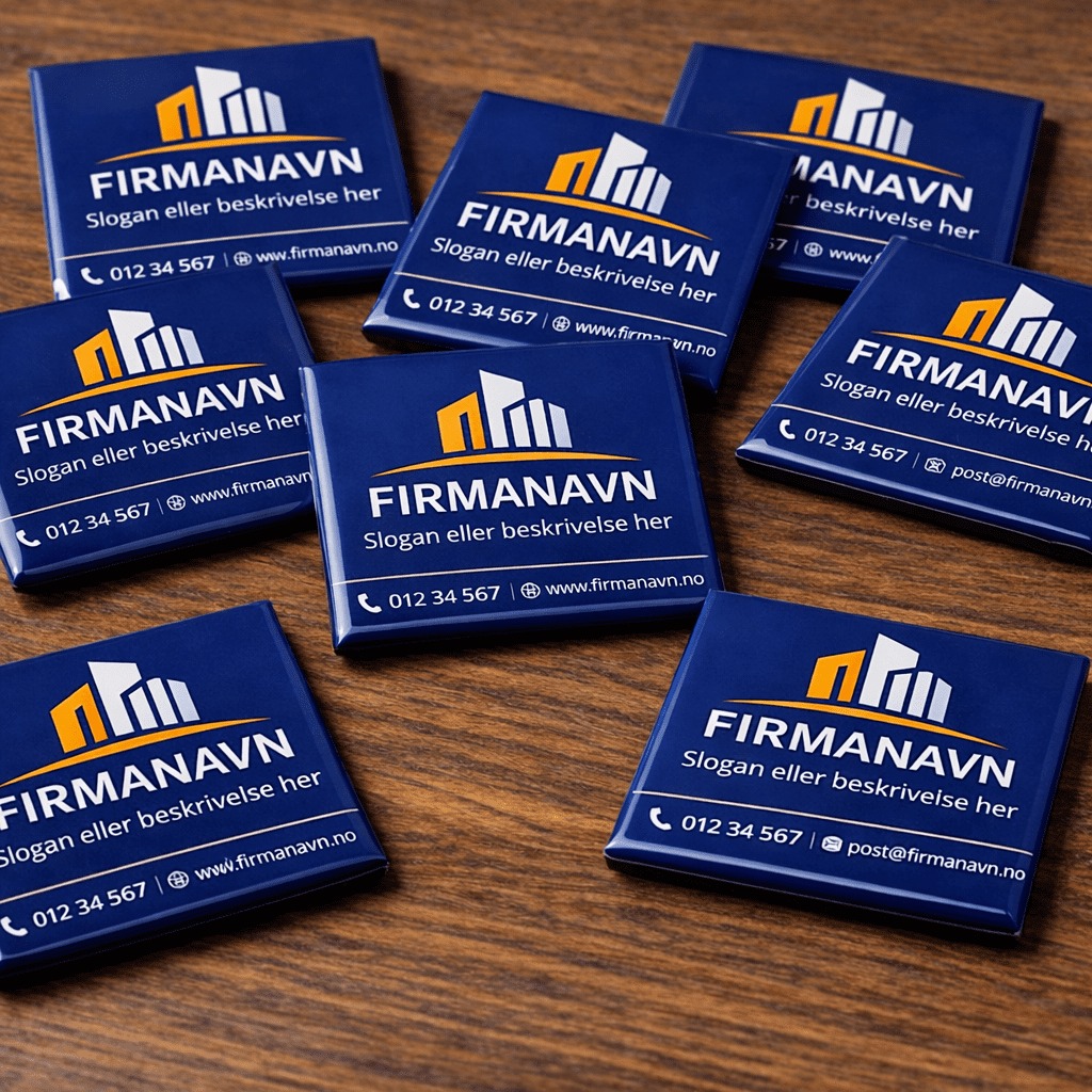 Fotomagnet for bedrift med firmalogo og kontaktinformasjon.